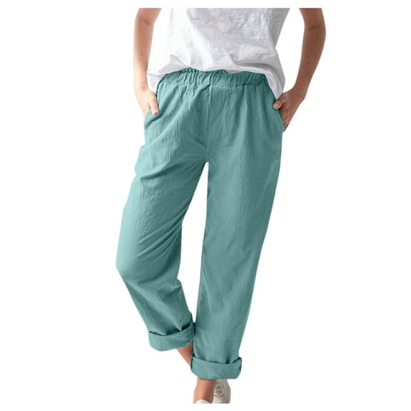 Zszcpp High Waisted Pants Women Elastic Waist Ankle Length Cotton Pure Color Linen Pocket Stylish Cool Trousers Casual Trouser