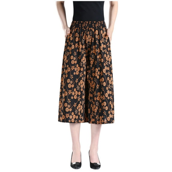 Zszcpp High Waisted Pants Women Trendy Fitted Retro Printed Elastic Waist Thin Wide Leg Culottes Lounge Trousers Casual Trouser