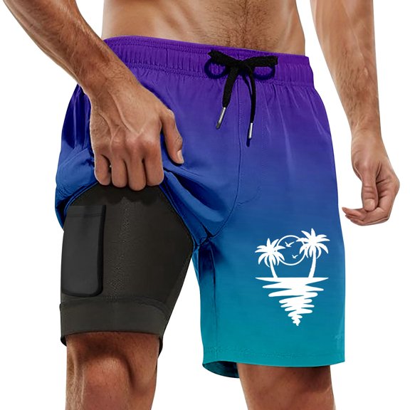 Zszcpp High Waisted Shorts Men Large Size Coconut Tree Quick Drying Pockets Drawstring Trendy Swim Trunks Trousers Casual Trouser