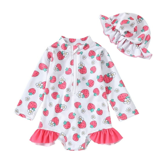 Zszcpp Litter Girls Bikinis Swimwear Beach Adorable Long Sleeve Ruffles Strawberry Prints Cap Set 2Pc