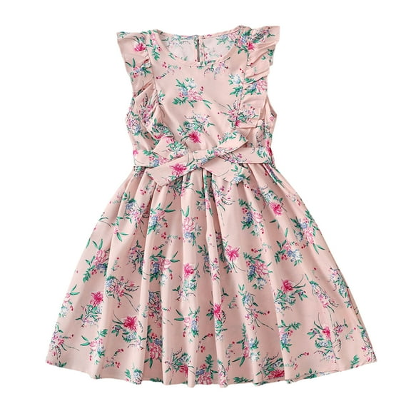 Zszcpp Mini Dresses For Toddler Girls Fly Sleeve Flowers Prints Bowknot A-Line Dance Party Princess Going Out Travel Holiday Dress Casual Dresses