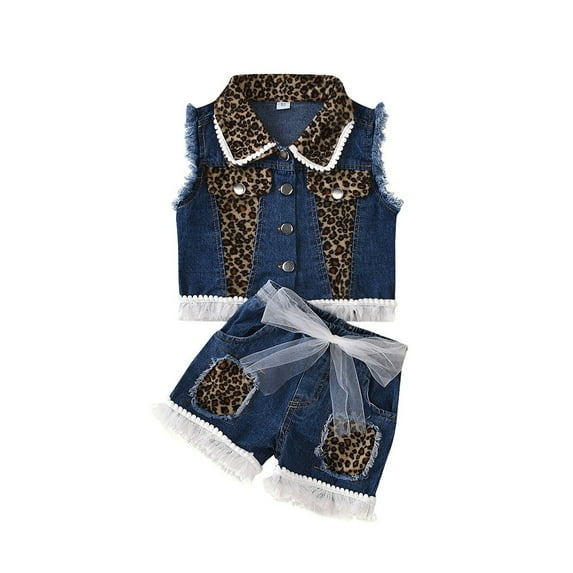 Zszcpp Shorts Set For Toddler Girl Denim Sleeveless Button Down Leopard Print Mesh Trim Patchwork Clothing Suits