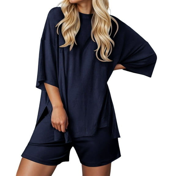 Zszcpp Shorts Set For Women Outfits Set Relaxed Fit Breathable Lightweight Short Sleeve Plus Size Plain Clothing Suits