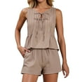 thumbnail image 1 of Zszcpp Shorts Sets Women 2 Piece Outfits Pleated Resort Beach Linen Cruise Matching Sleeveless Simple Style Going Out Outfit Clothes Sets, 1 of 3