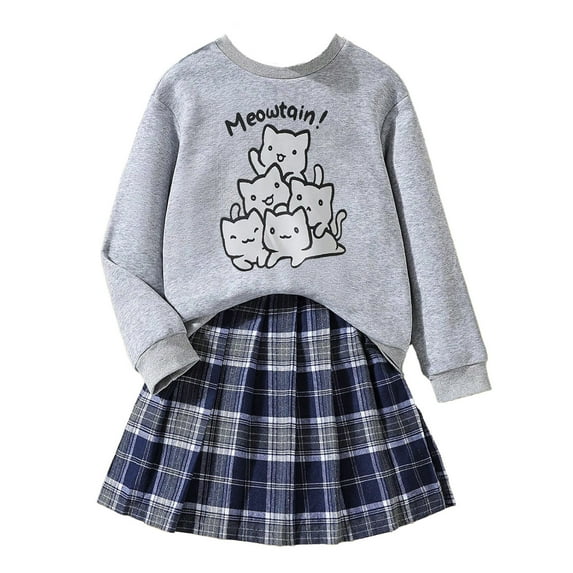 Zszcpp Skirt Set Baby Girl 2Piece Outfits Cartoon Print All Macthing Long Sleeved Top Plaid Pleated Print Clothes Sets