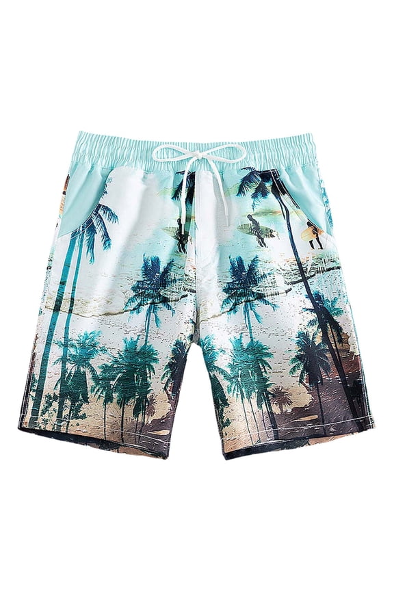 Summer Shorts For Boys 2025 Swim Trunks Surfing Knee Elngth Quick Dry Coconut Tree Print Lounge Trousers Casual Trouser