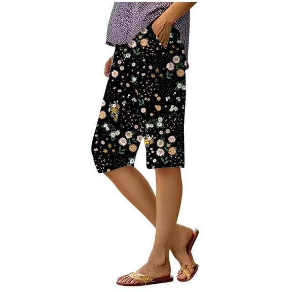 Zszcpp Summer Shorts For Womens 2025 Faddish Knee Length Breathable Loose Floral Fresh Linen Suitable Print Cotton Trousers Casual Trouser
