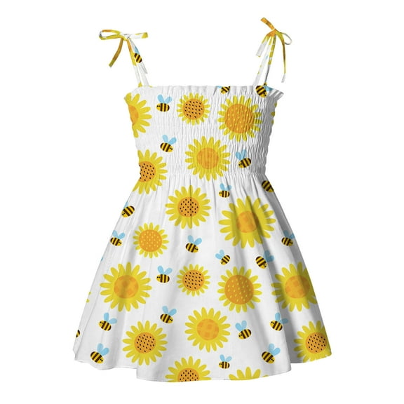 Zszcpp Sundress For Girl 2025 Vacation Cartoon Print Sleeveless Spaghetti Strap Bow Softable Likable Outdoor Going Out Casual Dresses