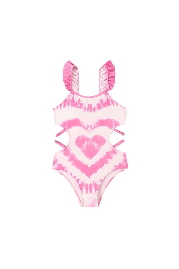 Swimsuit Girl'S Bathing Suits Ruffle Solid Side Waist Hollow Out Heart Print Lovely Faddish Swimsuit Sets Swimwear