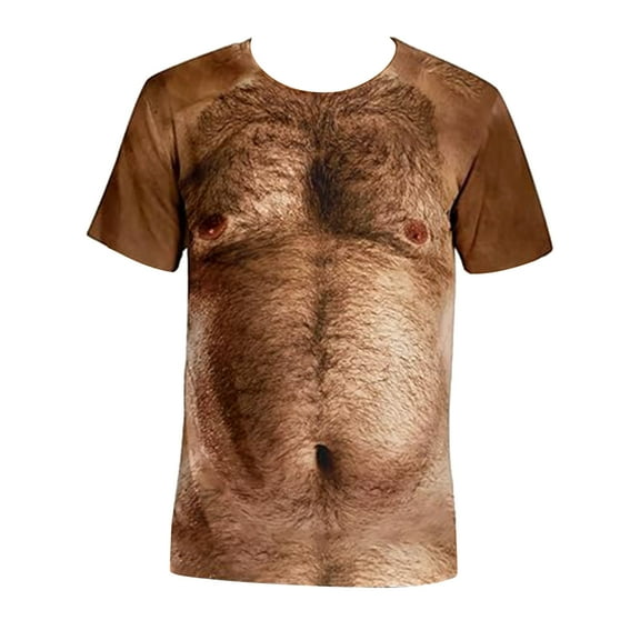 Zszcpp T Shirts For Men Loose Fit Round Neck Cozy Hairy Chest 3D Printed Funny Short Sleeved Tshirt Casual Tops Blouses