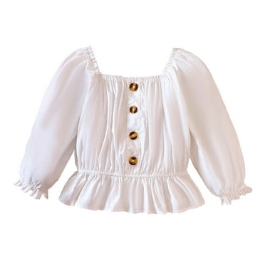 Zszcpp T Shirts For Newborn Girl Long Sleeve Ribbed Flounce Button Solid Square Collar Plain Blouse Kids Going Out Tops