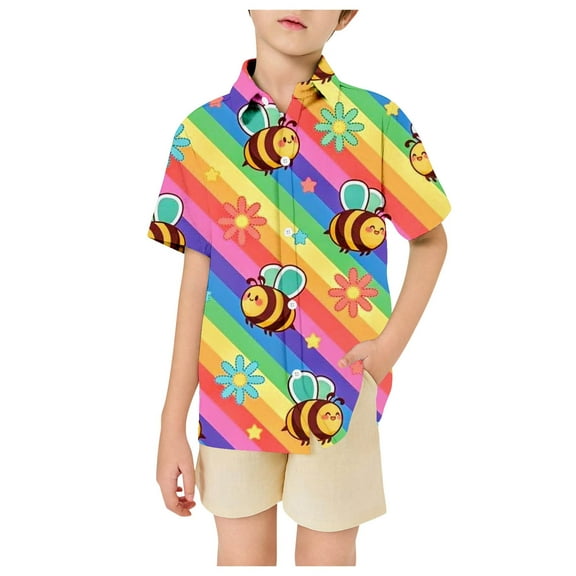 Zszcpp Toddler Boy Shirts Rainbow Bee Print Striped Button Down Girls Short Sleeves T Shirt Lovely Blouse Kids Going Out Casual Tops