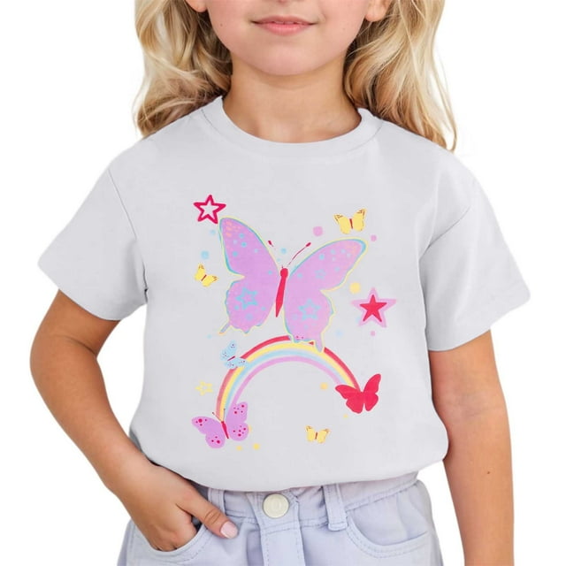 Zszcpp Toddler Girl Graphic Teens Active Rainbow Butterfly Printed Softable Short Sleeved Basic Round Neck Tshirts Blouse Girls Tops