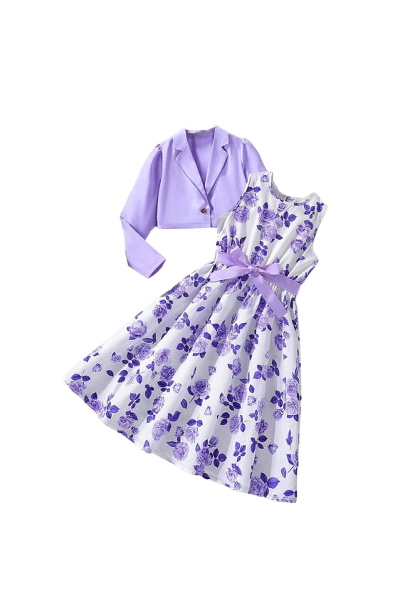 Toddler Mini Dress Set Girls Outfits Solid Floral Print Sleeveless Round Neck Leisure Tops Coat Spaghetti Strap Dresses Suit 2Pc Clothing Suits