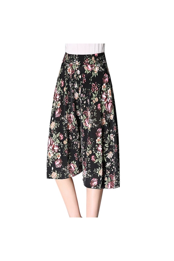 Women'S Casual Pants Floral Print Culottes Leisure Slim Fit Elastic Waist Outerwear Trousers Casual Trouser