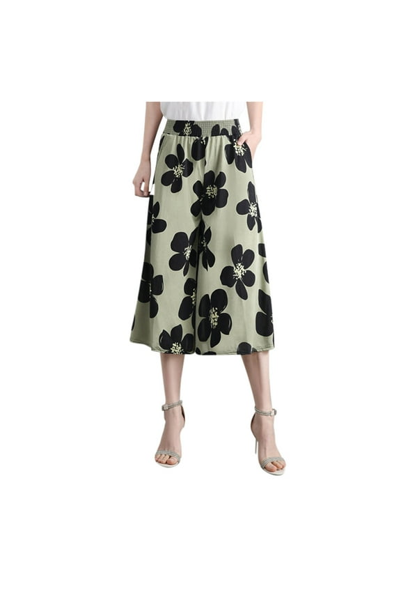 Women 'S Casual Pants Trendy Fitted Retro Printed Elastic Waist Thin Wide Leg Culottes Trousers Casual Trouser