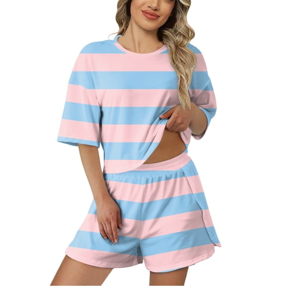 Zszcpp Womens Pajamas Sets Outfit Sets Versatile Short Sleeve Brief Style Classic Striped Printted Homewear Sleepwear Pj Clothing Suits