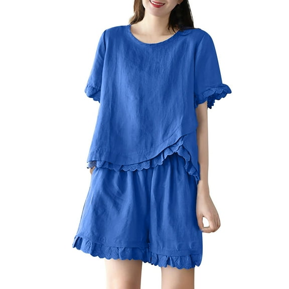 Zszcpp Young Adult Outfits Sets Women Shorts Set Linen Short Sleeve Plus Size Relaxed Fit High Waisted Mini Cotton Going Out Outfit Clothing Suits