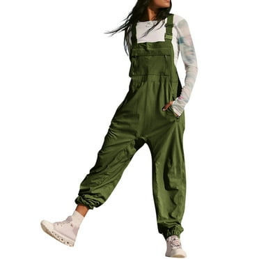 ZtnMapt Denim Jumpsuit for Women Casual Fashion Sleeveless Overalls Soft Loose Adjustable Straps Bib Overall with Zippered Pockets Green L
