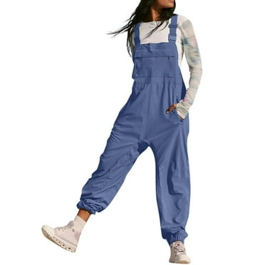 ZtnMapt Women's Overalls Casual Relaxed Fit Adjustable Straps Harem Bib Jumpsuits Fashion Cozy Sleeveless Bib Rompers with Zippered Pockets Blue S