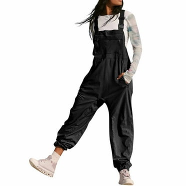 ZtnMapt Womens Overalls Casual Loose Fit Adjustable Straps Jumpsuits Fashion Comfortable Sleeveless Bib Jumpsuits with Zippered Pockets Black S
