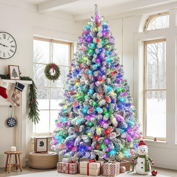 Alupssuc 6.5 ft Prelit Snow Flocked Spruce Artificial Christmas Tree with Remote, 340 RGB Color-Changing Lights, 960 Full Snow Branch Tips