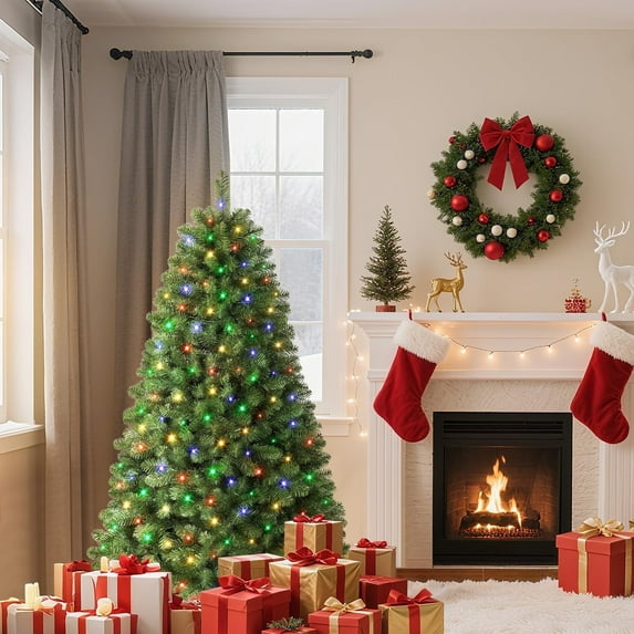 Ztotop 5.5ft PreLit Premium Artificial Classic Spruce Christmas Tree, 200 Warm White & Color LED Changing Lights, 565 Fully Branch Tips, Green