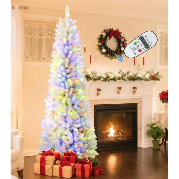 Ztotop 6.5ft Premium Pre-lit Artificial Hinged Slim Pencil Christmas Tree with Remote Control, 260 Warm White & Multi-Color Lights, 650 Fully Branch Tips, White