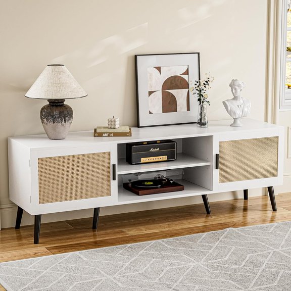 Hanyu TV Stand with Rattan Door, Shelves & 2 Cabinets, White