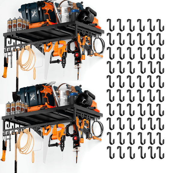 Ztysn 2PCS Wall Mount Tool Box Hanger Organizer,Heavy Duty Floating Shelves,with 30 Hooks,Load Capacity 1102 lbs,Garage System Storage Utility Rack for Home,Workshop