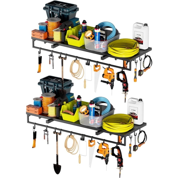 Ztysn 2Pcs Wall Mount Tool Box Hanger Organizer,Heavy Duty Hanging Shelf with 30 Hooks,1102 lbs,Garage Workshop Storage Utility Rack,Metal/Black