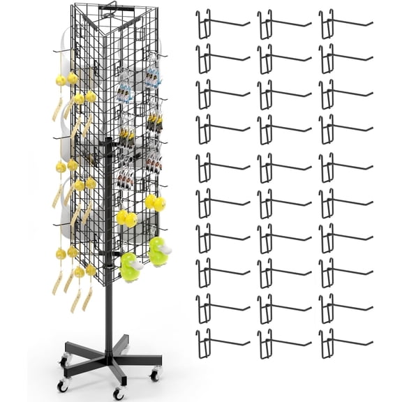 Ztysn 360 Triangular Rotating Display Rack,16“ x 63.3” Grid Wire Panel with 30 Hooks,Heavy Duty Movable Event Retail Display Stand Organization,Metal/Black