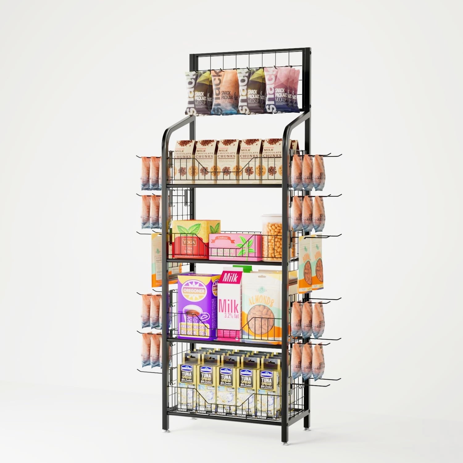 Ztysn 4 Layer Snack Display Stand Shelves,with 30 Hooks,Metal Wire Basket Food Candy Beverages Organizer for Supermaket Store Home Kitchen,Metal/Black