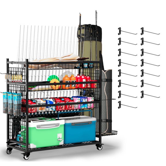 Ztysn 45.2" Fishing Rod Rack, with 15 Hooks, Holds 20 Rods, Tackle & Reel Storage Cart, Garage Gear Organizer