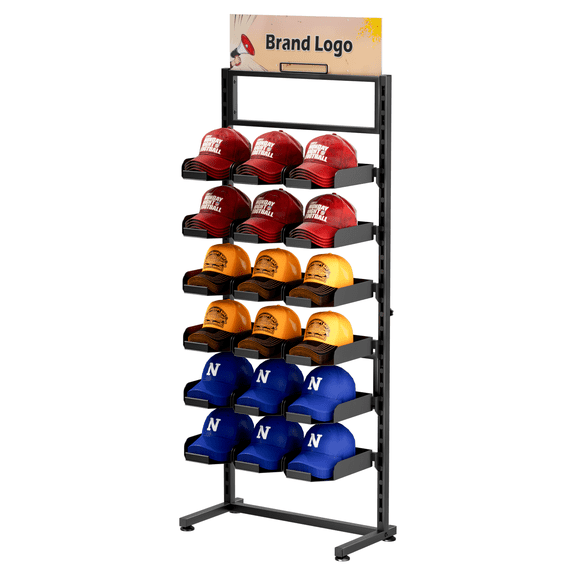 Ztysn 6 Tier Baseball Sports Golf Hat Cap Display Stand with 18 Plate Tray for 180 Caps,Adjustable Standing Coat Rack for Home Store Use,Metal/Black