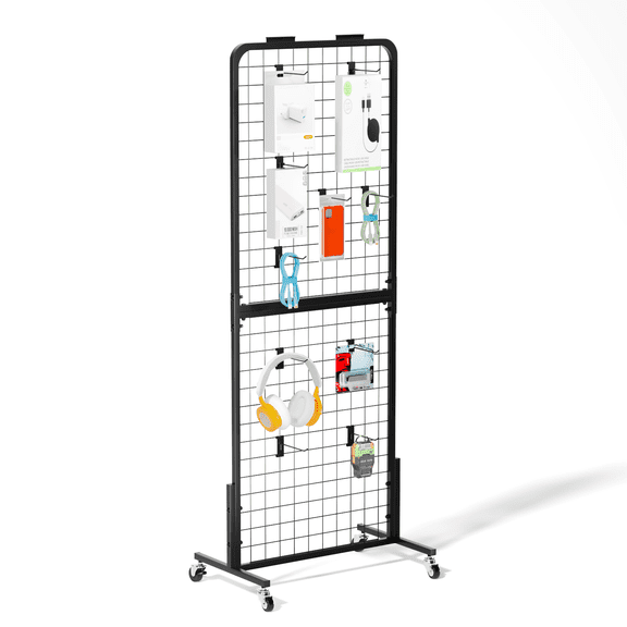 Ztysn Arc Angle Grid Wire Wall Panel Display Rack Metal Shelf with 30 Hooks for Vendor Event,Floor Standing Detachable Retail Product Storage Holder