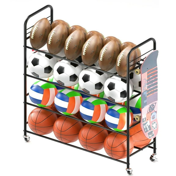 Ztysn Ball Storage Rack,22.83" Basketball Volleyball Cart With Wheels Sport Equipment Storage Holder Organizer For Playgroup,Gym,Garage,School,Metal/Black