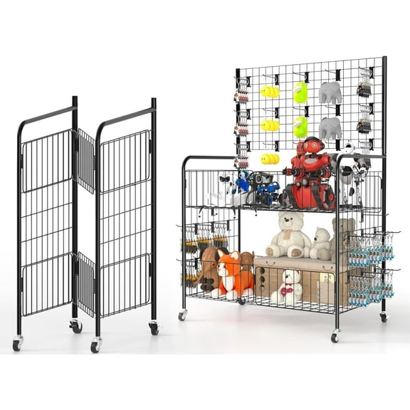 Ztysn Foldable Metal Wire Display Stand,with 30 Hooks,Mobile Storage Shelf for Retail Store,Supermarket,Event,Home Decor,Standing Rack,Metal/Black