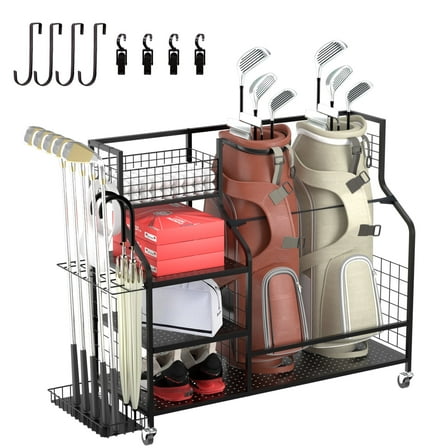 Ztysn Golf Bag Storage Rack Organizer for Garage,Golf Club Holder Extra Large Golf Bag Stand for 2 Golf Bags,Sports Golf Equipment Accessories,Metal/Black