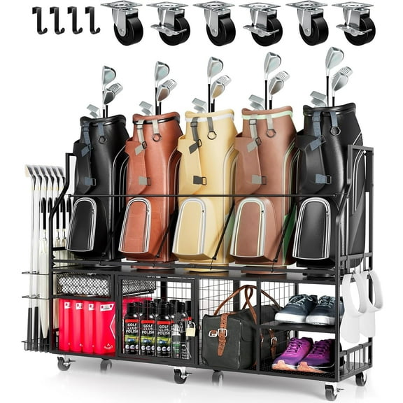 Ztysn Golf Storage Organizer for 5 Bags,Extra Large Golf Club Racks for Garage Golf Bag Stand Holder for Golf Glove Hat Equipment Accessories/Metal/Black
