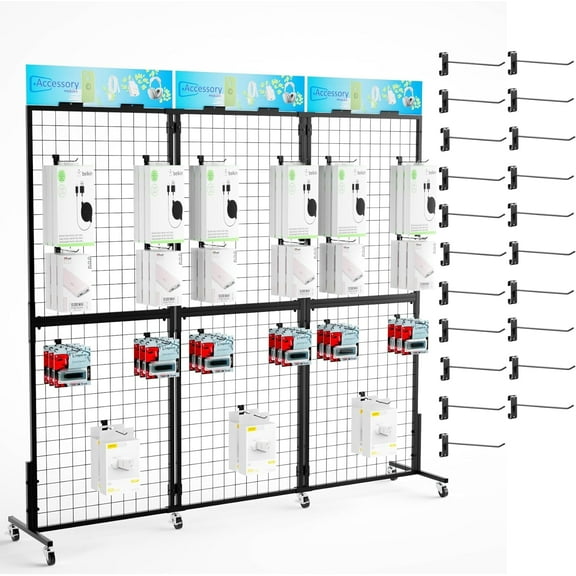 Ztysn Metal Grid Wall Panel Display Stand,3pcs with 21 Hooks,Linkable Floor Standing Movable Retail Product Display Rack for Vendor Events,Art Display,Store/Black