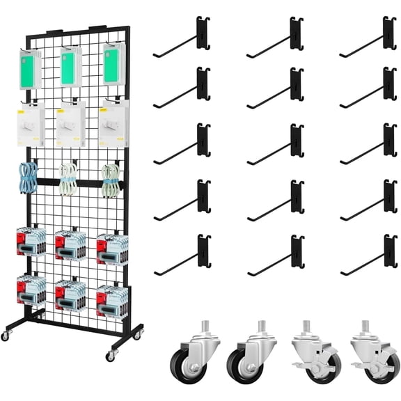 Ztysn Heavy Duty Mobile Display Rack with 15 Hooks,Metal Mesh Panel Vendor Stand for Retail Events Booth,Snack Food & Phone Accessories,Black