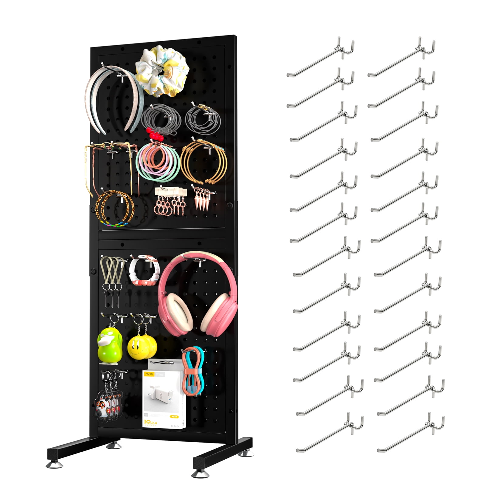 Ztysn Multipurpose Metal Pegboard Shelf,Wall Mount/Desktop Rack with 24 Hooks,Women Jewelry Hair Product Rack Storage Organizer for Retail Store/Black