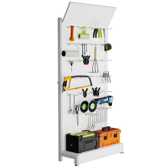Ztysn Metal Pegboard Stand Shelf,with 30 Hooks,85x36x13 in,Garage Tool Storage Pegboard Organizer Retail Display Rack for Craft Shows,Exhibition Hall/White
