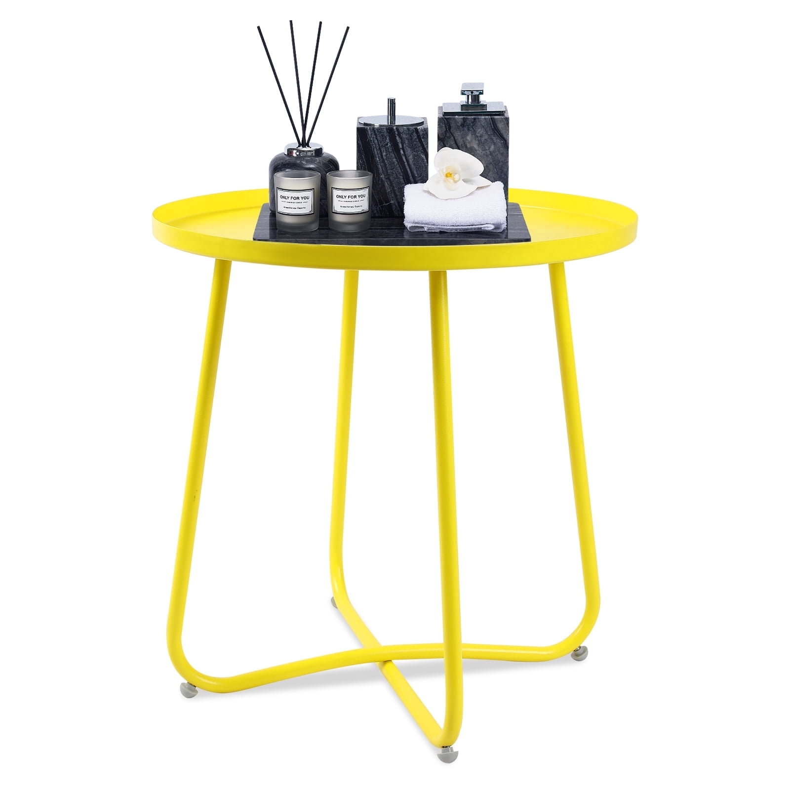 Ztysn Round Metal Side Table,Rust Resistant 17.7'' Outdoor End Table with Adjustable Footpads,X-Shaped Patio Plant Stand for Balcony Garden Living Room,Yellow