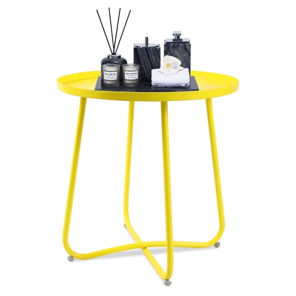 Ztysn Round Metal Side Table,Rust Resistant 17.7'' Outdoor End Table with Adjustable Footpads,X-Shaped Patio Plant Stand for Balcony Garden Living Room,Yellow
