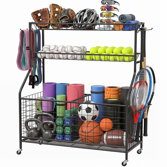 Ztysn Sports Equipment Ball Storage Rack Organizer,Garage Organizer with Baskets and Hooks,Sports Gear workout fitness Storage for Gym,Club,Basement,Metal/Black
