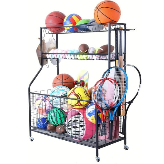 Ztysn Sports Equipment Ball Storage Rack Organizer,Garage Organizer with Baskets and Hooks,Sports Gear workout fitness Storage for Gym,Club,Basement,Metal/Black