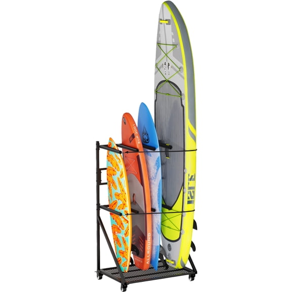 Ztysn Surfboard Snowboard Rack,4 Boards Vertical Display Stand with Wheels for Shortboard and Longboard Storage Organizer,Paddleboard Wakeboard Holder,Metal/Black