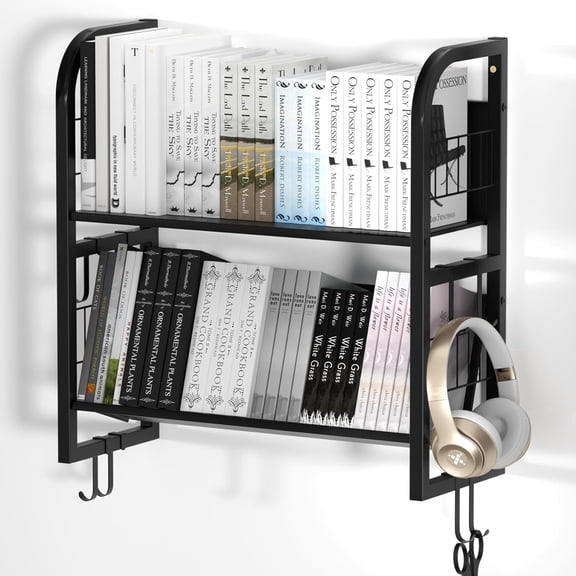 Ztysn 2 Tier Wall Mounted Floating Bookshelf-28 Inch Modern Freestanding Hanging Magazine Rack,Metal Black Storage Shelves for Living Room,Bedroom,Office